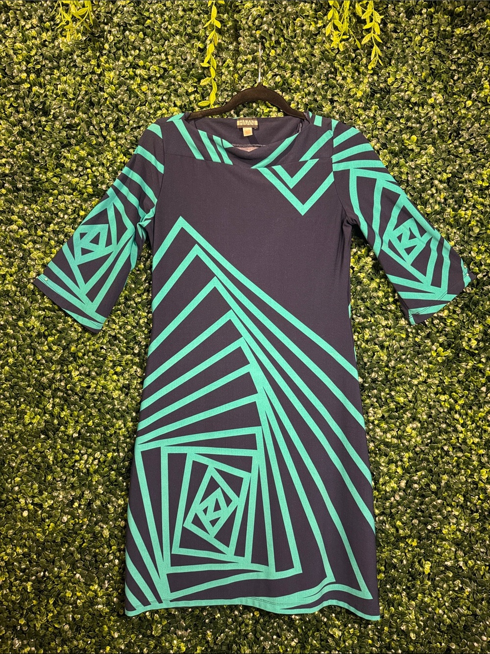 Bold Geometric Navy & Teal Shift Dress - Women's